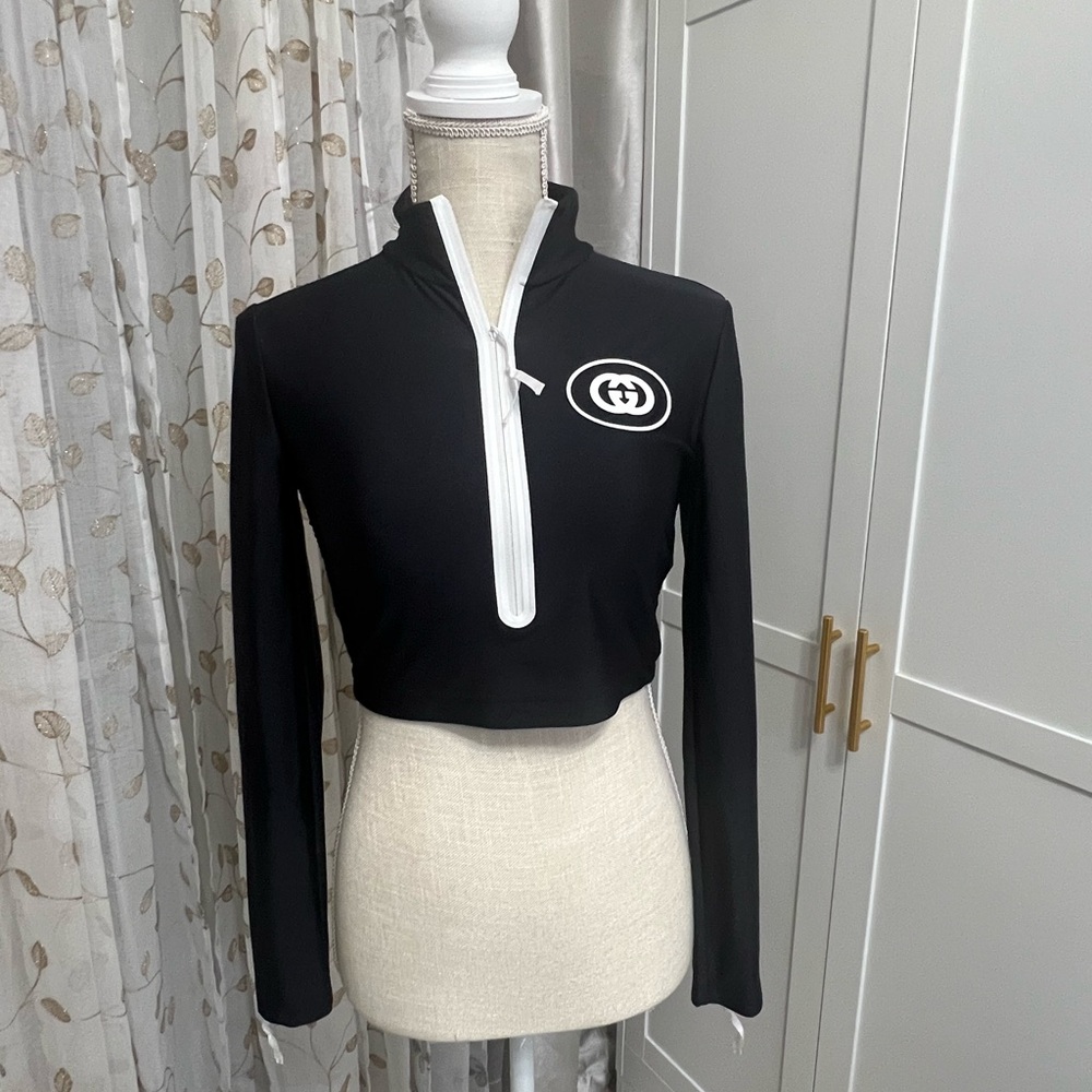 Gucci Black Sparkling Jersey Zip-Up Crop Top and Logo